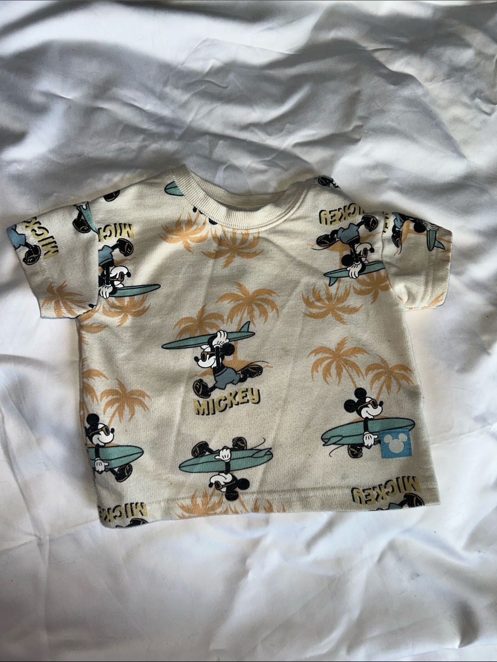 Disney Cream Mickey Mouse Surf Tee with Teal Accents